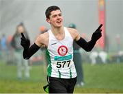 8 February 2015; Eoin Reidy from St.Coca's AC, Kilcock, Co. Kildare celebrates winning the boys under-17 3000m at the GloHealth Intermediate, Master and Juvenile B Cross Country Championships, Palace Grounds, Tuam, Co. Galway. Picture credit: Matt Browne / SPORTSFILE