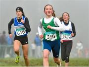 8 February 2015; Katie Gibbons, right, from Castlebar AC, Co. Mayo, who came second in the girls under-13 1500m from third place Daniella Jansen, left, from Finn Valley AC, Co. Donegal at the GloHealth Intermediate, Master and Juvenile B Cross Country Championships, Palace Grounds, Tuam, Co. Galway. Picture credit: Matt Browne / SPORTSFILE
