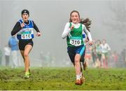 8 February 2015; Katie Gibbons, right, from Castlebar AC, Co. Mayo, who came second in the girls under-13 1500m from third place Daniella Jansen, from Finn Valley AC, Co. Donegal at the GloHealth Intermediate, Master and Juvenile B Cross Country Championships, Palace Grounds, Tuam, Co. Galway. Picture credit: Matt Browne / SPORTSFILE
