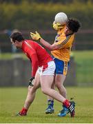 8 February 2015; Stephen Collins, Clare, in action against Bevan Duffy, Louth. Allianz Football League, Division 3, Round 2, Louth v Clare, Gaelic Grounds, Drogheda, Co. Louth. Picture credit: Pat Murphy / SPORTSFILE