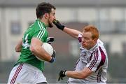 8 February 2015; Lorcan Smith, Westmeath, in action against Declan Kyne, Galway. Allianz Football League, Division 2, Round 2, Westmeath v Galway, Cusack Park, Mullingar, Co. Westmeath. Picture credit: Ray McManus / SPORTSFILE