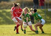 8 February 2015; Rhona Ni Bhuachalla, Cork, shoots to score her side's 1st goal despite the efforts of Ciara Murphy and Gina Crowley, right, Kerry. TESCO HomeGrown Ladies National Football League, Division 1, Round 2, Cork v Kerry, Cloughduv, Cork. Photo by Sportsfile