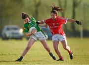 8 February 2015; Cait Lynch, Kerry, in action against Roisin O'Sullivan, Cork. TESCO HomeGrown Ladies National Football League, Division 1, Round 2, Cork v Kerry, Cloughduv, Cork. Photo by Sportsfile