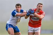 8 February 2015; Brian Hurley, Cork, is tackled by Drew Wylie, Monaghan. Allianz Football League, Division 1, Round 2, Monaghan v Cork, St Mary's Park, Castleblayney, Co. Monaghan. Picture credit: Ramsey Cardy / SPORTSFILE