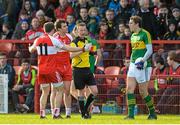 8 February 2015; Mark Lynch, Derry, appeals to Referee Joe McQuillan, after receiving a red card in the second half. Allianz Football League, Division 1, Round 2, Derry v Kerry, Celtic Park, Derry. Picture credit: Oliver McVeigh / SPORTSFILE