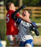 8 February 2015; Vinny Corey, Monaghan, is fouled by Brian Hurley, Cork. Allianz Football League, Division 1, Round 2, Monaghan v Cork, St Mary's Park, Castleblayney, Co. Monaghan. Picture credit: Ramsey Cardy / SPORTSFILE