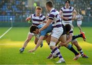8 February 2015; Jack Kelly, St. Michael's College, is tackled by Rowan Osborne, behind, and Jonny Glynn, Clongowes Wood College. Bank of Ireland Leinster Schools Senior Cup, 2nd Round, Clongowes Wood College v St. Michael's College. Donnybrook Stadium, Donnybrook, Dublin. Picture credit: Piaras Ó Mídheach / SPORTSFILE