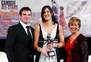 10 November 2007; Catherine O'Loughlin, Wexford, is presented with her Energise Camogie All-Star award by the Guest of Honour - Ireland and Leinster rugby player - Gordan D'Arcy in the company of Liz Howard, Uachtarán Chumann Camógaíochta na nGael, at the Energise Sport Camogie All-Star Awards 2007 in association with O'Neills. Citywest Hotel, Conference, Leisure & Golf Resort, Saggart, Co. Dublin. Picture credit: Ray McManus / SPORTSFILE