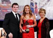 10 November 2007; Rena Buckley, Cork, is presented with her Energise Camogie All-Star award by the Guest of Honour - Ireland and Leinster rugby player - Gordon D'Arcy in the company of Liz Howard, Uachtarán Chumann Camógaíochta na nGael, at the Energise Sport Camogie All-Star Awards 2007 in association with O'Neills. Citywest Hotel, Conference, Leisure & Golf Resort, Saggart, Co. Dublin. Picture credit: Ray McManus / SPORTSFILE