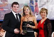 10 November 2007; Veronica Curtin, Galway, is presented with her Energise Camogie All-Star award by the Guest of Honour - Ireland and Leinster rugby player - Gordon D'Arcy in the company of Liz Howard, Uachtarán Chumann Camógaíochta na nGael, at the Energise Sport Camogie All-Star Awards 2007 in association with O'Neills. Citywest Hotel, Conference, Leisure & Golf Resort, Saggart, Co. Dublin. Picture credit: Ray McManus / SPORTSFILE