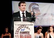 10 November 2007; Guest of Honour - Ireland and Leinster rugby player - Gordon D'Arcy speaking at the Energise Sport Camogie All-Star Awards 2007 in association with O'Neills. Citywest Hotel, Conference, Leisure & Golf Resort, Saggart, Co. Dublin. Picture credit: Ray McManus / SPORTSFILE