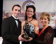 10 November 2007; Dublin winner Eimear Brannigan with Liz Howard, Uachtarán Chumann Camógaíochta na nGael, and Drogheda United's Ollie Cahill at the Energise Sport Camogie All-Star Awards 2007 in association with O'Neills. Citywest Hotel, Conference, Leisure & Golf Resort, Saggart, Co. Dublin. Picture credit: Ray McManus / SPORTSFILE