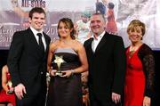 10 November 2007; Racquel McCarry, Derry, is presented with her Energise Camogie Ulster Young Player of the Year Award by the Guest of Honour - Ireland and Leinster rugby player - Gordon D'Arcy, left, in the company of Cormac Farrell, Business & Marketing Manager, O'Neills Irish International Sports Co., and Liz Howard, right, Uachtarán Chumann Camógaíochta na nGael, at the Energise Sport Camogie All-Star Awards 2007 in association with O'Neills. Citywest Hotel, Conference, Leisure & Golf Resort, Saggart, Co. Dublin. Picture credit: Ray McManus / SPORTSFILE