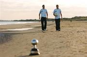 12 November 2007; Brian Shelley, left, Drogheda United, and Brian Murphy, Bohemians, walk along the beach at Malahide after a press conference hosted by the Professional Footballers' Association of Ireland, in association with Ford, to announce the nominees for the PFAI Player of the Year Awards 2007. Portmarnock Hotel and Golf Links, Portmarnock, Co. Dublin. Picture credit: David Maher / SPORTSFILE