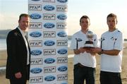12 November 2007; Stephen McGuinness, left, acting General Secretary of the PFAI, with Brian Shelley, centre, Drogheda United, and Brian Murphy, Bohemians, pictured on the beach at Malahide, after a press conference hosted by the Professional Footballers' Association of Ireland, in association with Ford, to announce the nominees for the PFAI Player of the Year Awards 2007. Portmarnock Hotel and Golf Links, Portmarnock, Co. Dublin. Picture credit: David Maher / SPORTSFILE
