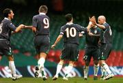 17 November 2007; Republic of Ireland's Robbie Keane, no.10, celebrates his goal with team-mates Andy Reid, 7, Lee Carsley, right, along with Liam Miller, far left, and Kevin Doyle, 9. 2008 European Championship Qualifier, Wales v Republic of Ireland, Millennium Stadium, Cardiff, Wales. Picture credit; David Maher / SPORTSFILE