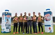 10 February 2015; Brian Phelan, CEO Glanbia Global Ingredients, with Kilkenny players, from left, Jackie Tyrrell, Eoin Larkin, team captain Joey Holden, Paul Murphy and Colin Fennelly in attendance at the 2015 Glanbia Kilkenny GAA sponsorship launch. Nowlan Park, Kilkenny. Picture credit: Matt Browne / SPORTSFILE