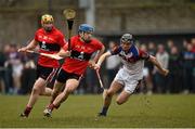 10 February 2015; Shane O'Donnell, UCC, with support from team-mate John Power, in action against Jack Brown, UL. Independent.ie Fitzgibbon Cup, Group B, Round 3, UCC v UL, Mardyke, Cork. Picture credit: Barry Cregg / SPORTSFILE