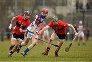 10 February 2015; Tommy Heffernan, UL, in action against Killian Burke, left, and Cormac Murphy, UCC. Independent.ie Fitzgibbon Cup, Group B, Round 3, UCC v UL, Mardyke, Cork. Picture credit: Barry Cregg / SPORTSFILE