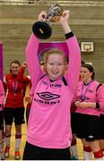 10 February 2015; Aoife Brennan, IT Sligo captain holds aloft the cup after winning the tournament. Women's Soccer Colleges Association of Ireland,  National Futsal Finals, Institute of Technology, Sligo. Picture credit: Oliver McVeigh / SPORTSFILE