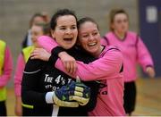 10 February 2015; Geraldine McLaughlin and Emma Hansberry, IT Sligo, celebrate after the final whistle in the final against IT Carlow. Women's Soccer Colleges Association of Ireland,  National Futsal Finals, Institute of Technology, Sligo. Picture credit: Oliver McVeigh / SPORTSFILE