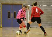 10 February 2015; Emma Hansberry, IT Sligo, in action against Amy Walsh, IT Carlow, in the tournament final. Women's Soccer Colleges Association of Ireland,  National Futsal Finals, Institute of Technology, Sligo. Picture credit: Oliver McVeigh / SPORTSFILE