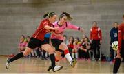 10 February 2015; Emma Hansberry, IT Sligo, shoots to score the winning goal despite the tackle of Claire Kinsella, IT Carlow, in the tournament final. Women's Soccer Colleges Association of Ireland,  National Futsal Finals, Institute of Technology, Sligo. Picture credit: Oliver McVeigh / SPORTSFILE