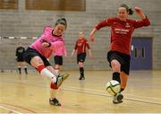 10 February 2015; Emma Hansberry, IT Sligo, in action against Claire Kinsella, IT Carlow, in the tournament final. Women's Soccer Colleges Association of Ireland,  National Futsal Finals, Institute of Technology, Sligo. Picture credit: Oliver McVeigh / SPORTSFILE