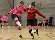 10 February 2015; Emma Hansberry, IT Sligo, in action against Jenni Ferrari, IT Carlow, in the tournament final. Women's Soccer Colleges Association of Ireland,  National Futsal Finals, Institute of Technology, Sligo. Picture credit: Oliver McVeigh / SPORTSFILE