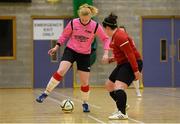 10 February 2015; Aoife Brennan, IT Sligo, in action against Jenni Ferrari, IT Carlow, in the tournament final. Women's Soccer Colleges Association of Ireland,  National Futsal Finals, Institute of Technology, Sligo. Picture credit: Oliver McVeigh / SPORTSFILE