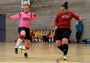 10 February 2015; Emma Hansberry, IT Sligo, in action against Jenni Ferrari, IT Carlow, in the tournament final. Women's Soccer Colleges Association of Ireland,  National Futsal Finals, Institute of Technology, Sligo. Picture credit: Oliver McVeigh / SPORTSFILE