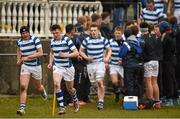 10 February 2015; Rockwell College players, including Ben Murray, left, Lee Molloy, centre, and Tommy Anglim make their way out for the start of the game. SEAT Munster Schools Senior Cup Quarter-Final, Rockwell College v St. Munchin’s College, Clanwilliam Park, Tipperary Town. Picture credit: Diarmuid Greene / SPORTSFILE
