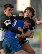 10 February 2015; Alex Waller, St. Andrew's College, is tackled by Robert Buckley, left, and Patrick Ryan, Newbridge College. Bank of Ireland Leinster Schools Senior Cup, 2nd Round, St. Andrew's College v Newbridge College, Donnybrook Stadium, Donnybrook, Dublin. Picture credit: Piaras Ó Mídheach / SPORTSFILE