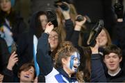 10 February 2015; St. Andrew's College supporter cheers on their team during the game. Bank of Ireland Leinster Schools Senior Cup, 2nd Round, St. Andrew's College v Newbridge College, Donnybrook Stadium, Donnybrook, Dublin. Picture credit: Piaras Ó Mídheach / SPORTSFILE