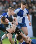 10 February 2015; Tim Murphy, Newbridge College, is tackled by Ross Nicoll and Ben Nolke, St. Andrew's College. Bank of Ireland Leinster Schools Senior Cup, 2nd Round, St. Andrew's College v Newbridge College, Donnybrook Stadium, Donnybrook, Dublin. Picture credit: Piaras Ó Mídheach / SPORTSFILE