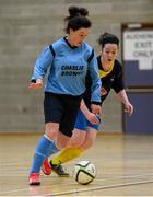 10 February 2015; Claire Grehan, Athlone IT , in action against Aine Bennett, DCU. Women's Soccer Colleges Association of Ireland,  National Futsal Finals, Institute of Technology, Sligo. Picture credit: Oliver McVeigh / SPORTSFILE