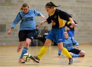 10 February 2015; Aisling Frawley, DCU, in action against Leah Phillips, Athlone IT. Women's Soccer Colleges Association of Ireland,  National Futsal Finals, Institute of Technology, Sligo. Picture credit: Oliver McVeigh / SPORTSFILE
