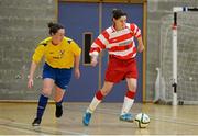 10 February 2015; Catherine Hyndman, Sligo IT, in action against Cara Power, Waterford IT. Women's Soccer Colleges Association of Ireland,  National Futsal Finals, Institute of Technology, Sligo. Picture credit: Oliver McVeigh / SPORTSFILE