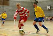 10 February 2015; Aoife Brennan, Sligo IT, in action against Cara Rossiter, Waterford IT. Women's Soccer Colleges Association of Ireland,  National Futsal Finals, Institute of Technology, Sligo. Picture credit: Oliver McVeigh / SPORTSFILE