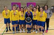 10 February 2015; Waterford IT players celebrate with the shield after the game. Women's Soccer Colleges Association of Ireland, National Futsal Finals, Institute of Technology, Sligo. Picture credit: Oliver McVeigh / SPORTSFILE