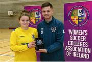 10 February 2015; Ciara Rossiter, Waterford IT, receives the player of the tournament award from Karl Keogh, WSCAI. Women's Soccer Colleges Association of Ireland, National Futsal Finals, Institute of Technology, Sligo. Picture credit: Oliver McVeigh / SPORTSFILE