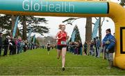 11 February 2015; Emma O'Brien, East Dominican College, Wicklow, crosses the finishline to winning the Intermediate Girl's race at the GloHealth Leinster Schools’ Cross Country Championships. Santry Demesne, Santry, Co. Dublin. Picture credit: Barry Cregg / SPORTSFILE