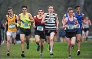 11 February 2015; Jack O'Leary, extreme right, Clongowes Wood College, Kildare, on his way to winning the Senior Boy's race with runner up Peter Lynch, St.Kierans College Kilkenny, second from right, and third placerd finisher Andrew Coscoran, second from left, St. Mary's Drogheda, at the GloHealth Leinster Schools’ Cross Country Championships. Santry Demesne, Santry, Co. Dublin. Picture credit: Padraic Dooley / SPORTSFILE