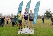 11 February 2015; Jack O'Leary, centre, Clongowes Wood College, Kildare, winner of the Senior Boy's race with runner up Peter Lynch, Sty.Kierans College Kilkenny, right, and third placerd finisher Andrew Coscoran, St. Mary's Drogheda, at the GloHealth Leinster Schools’ Cross Country Championships. Santry Demesne, Santry, Co. Dublin. Picture credit: Barry Cregg / SPORTSFILE