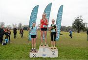 11 February 2015; Emma O'Brien, centre, Dominican College Wicklow, winner of the Intermediate Girl's race with runner up Niamh Ni Chiardha, Colaiste Iosagain, right, and third placed finisher Jodie McCann, Rathdown, at the GloHealth Leinster Schools’ Cross Country Championships. Santry Demesne, Santry, Co. Dublin. Picture credit: Barry Cregg / SPORTSFILE