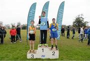 11 February 2015; Luas O'Loughlin, centre, Moyle Park College, Kilkenny winner of the Minor Boy's race with runner up Andrew Shaw, right, St. Finians and third placed finisher Mikey Lawlor, Naas CBS, at the GloHealth Leinster Schools’ Cross Country Championships. Santry Demesne, Santry, Co. Dublin. Picture credit: Barry Cregg / SPORTSFILE