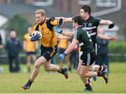 11 February 2015; Conor McGreanor, DCU, in action against  Conor Clarke and Paddy McBride, St Mary's College, Belfast. Independent.ie Sigerson Cup, Quarter-Final, St Mary's College, Belfast v DCU. St Genevieves High School, Belfast, Co. Antrim. Picture credit: Oliver McVeigh / SPORTSFILE