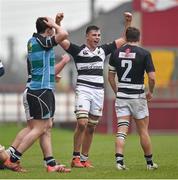 11 February 2015; Jack O'Sullivan, centre, and Emmet McCarthy, PBC, celebrate at the final whistle as Castletroy College's Joey Conway shows his disappointment. SEAT Munster Schools Senior Cup Quarter-Final, Castletroy College v Presentation Brothers College. Thomond Park, Limerick. Picture credit: Diarmuid Greene / SPORTSFILE