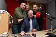 11 February 2015; Newstalk 106-108 FM today announced that one of the greatest hurlers the game has ever seen, DJ Carey, will join the ‘Off the Ball’ team. DJ has signed an exclusive deal as a GAA analyst, and will contribute to the station throughout the GAA season, as well as participate in many of the station’s outside broadcasts. His first broadcast will take place later this month. Pictured is DJ Carey with Off The Ball team presenters from left Colm Parkinson, Adrian Barry and Ger Gilroy, Sports Editor, Newstalk 106-108fm. Newstalk, Digges Lane, Dublin.b Picture credit: Matt Browne / SPORTSFILE