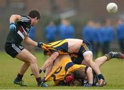 11 February 2015; Paddy McBride and Matthew Fitzpatrick, St Mary's College, Belfast, become involved in a tussle with Davy Byrne and Conor McGreanor, DCU, during the second half. Independent.ie Sigerson Cup, Quarter-Final, St Mary's College, Belfast v DCU. St Genevieves High School, Belfast, Co. Antrim. Picture credit: Oliver McVeigh / SPORTSFILE